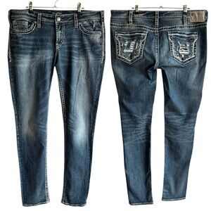 Silver Jeans Aiko Mid Skinny Womens 32/33 Medium Wash Stretch Denim Distressed